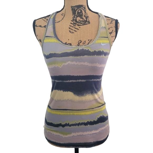 XS Nike Dri-Fit built-in bra racerback tank gray yellow blue watercolor stripes - Picture 1 of 6